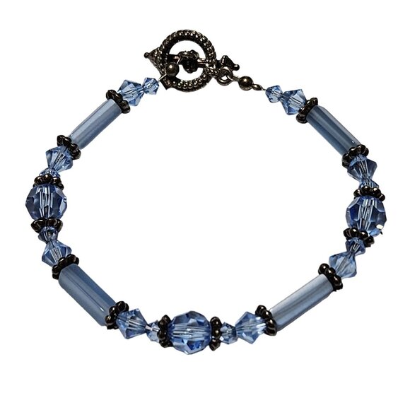 Vintage Blue Crystal Beaded Bracelet Toggle Clasp Retro Fashion Jewelry Women - Picture 1 of 4